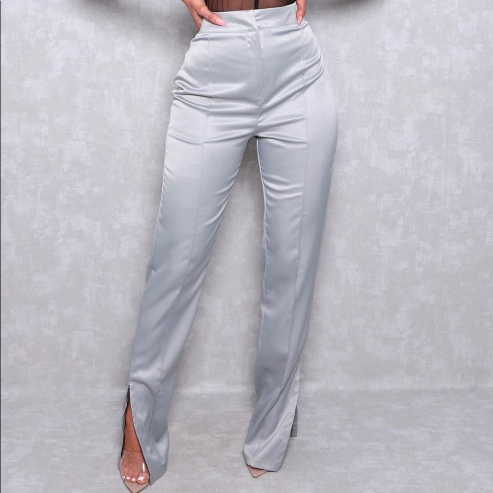 Grey Satin High Waisted Wide Leg Trousers